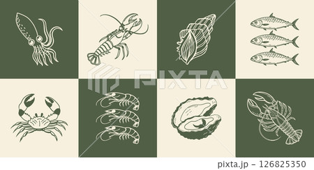 Collection of hand drawn posters with Italian food and summer elements. Oysters, seafood, fish, lobster. Mediterranean set. Sketch illustration. 126825350