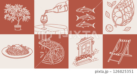 Collection of hand drawn posters with Italian food and summer elements. Pasta, seafood, pizza, lemons and wine. Mediterranean set. Sketch illustration. Collection of hand drawn posters with Italian food and summer elements. Pasta, seafood, pizza, lemons and wine. Mediterranean set. Sketch illustration. 126825351