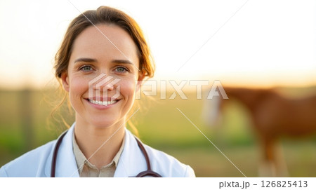 Female Veterinarian with Horse at Sunset 126825413