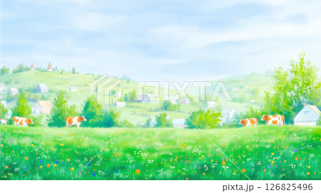 Cows grazing on a lush green field under blue skyのイラスト素材 [126825496 ...