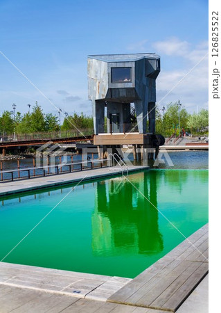 Sauna at Allmanna harbour bath with floating swimming pools in Frihamnen, Gothenburg, Sweden, sunny day Sauna at Allmanna harbour bath with floating swimming pools in Frihamnen, Gothenburg, Sweden, sunny day 126825522
