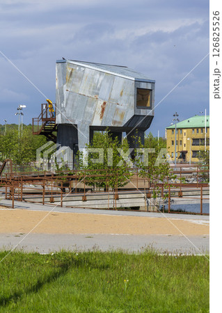 Sauna at Allmanna harbour bath with floating swimming pools in Frihamnen, Gothenburg, Sweden, sunny day Sauna at Allmanna harbour bath with floating swimming pools in Frihamnen, Gothenburg, Sweden, sunny day 126825526