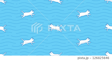 cat seamless pattern swimming calico kitten cartoon doodle pet animal illustration gift wrapping paper tile background repeat wallpaper scarf isolated 126825646