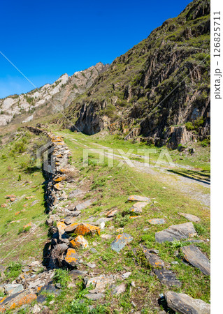 Ancient road near Chuysky Trakt Altai Russia once part of the Silk Road. Historic trade route crossing mountainous Siberian landscape. Ancient road near Chuysky Trakt Altai Russia once part of the Silk Road. Historic trade route crossing mountainous Siberian landscape. 126825711