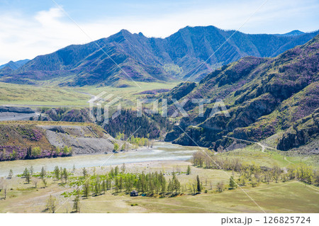 Confluence of Katun and Chuya rivers near Chuysky Trakt Altai Russia. Majestic meeting point of two Siberian mountain rivers 126825724