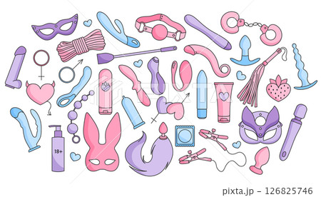 Big vector set of adult sex toys, accessories for bdsm sex games, linear pink, blue and violet icons, doodle and sketch style, hand drawing 126825746