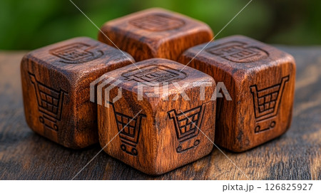 Four Dark Brown Wooden Shopping Cart Cubes on Wood 126825927