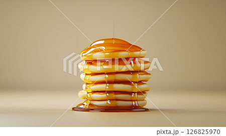Golden Brown Pancakes Drizzled with Amber Syrup on Beige Background 126825970