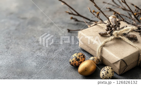 Golden Easter Gift Box with Speckled Quail Eggs and Twig Branch Decoration 126826132