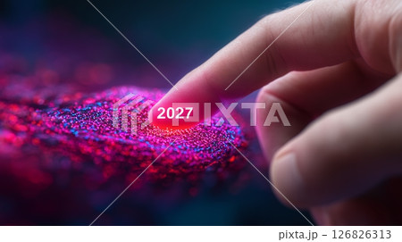 Fingertip Interacting with Abstract Digital Interface Showing 2027 126826313