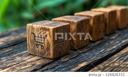 Five Etched Wooden Cubes on Rustic Wood Surface Five Etched Wooden Cubes on Rustic Wood Surface 126826332