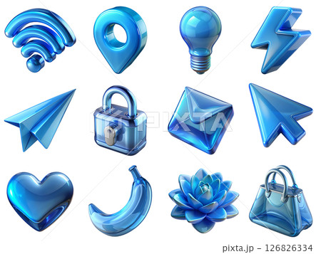 Collection of 3d glassy dark red icons isolated on the transparent background including wi-fi, location sign, light bulb, padlock, airplane, envelope, cursor, banana, heart, flower 126826334