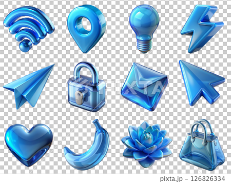 Collection of 3d glassy dark red icons isolated on the transparent background including wi-fi, location sign, light bulb, padlock, airplane, envelope, cursor, banana, heart, flower 126826334