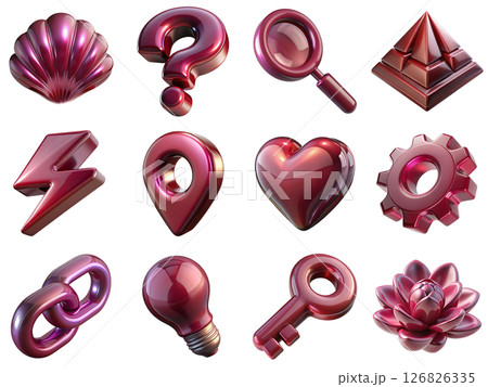 Collection of 3d glassy dark red icons isolated on the transparent background including sea shell, magnifier, pyramid, heart, location sign, key, light bulb, lightning sign, gear wheel, flower 126826335