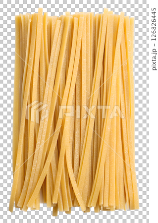 Uncooked pasta linguine isolated on transparent background, italian cuisine ingredient, long flat noodles, raw wheat pasta Uncooked pasta linguine isolated on transparent background, italian cuisine ingredient, long flat noodles, raw wheat pasta 126826445