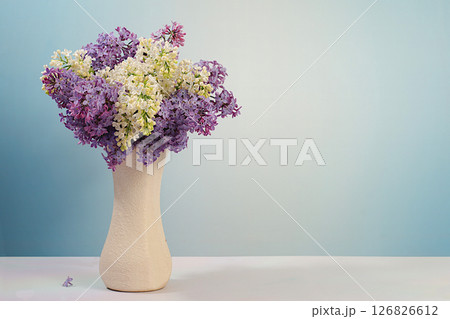 Abstract floral arrangement and banner for screen.Still life with beautiful spring flowers blooming white lilac in vase on elegant background,floral holiday card with summer greeting concept Abstract floral arrangement and banner for screen.Still life with beautiful spring flowers blooming white lilac in vase on elegant background,floral holiday card with summer greeting concept 126826612