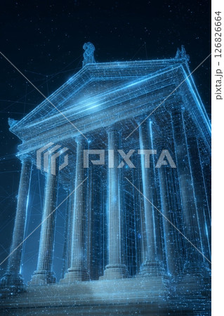 Innovative Representation of a Classic Building in a Digital Style With Glowing Elements at Night Innovative Representation of a Classic Building in a Digital Style With Glowing Elements at Night 126826664