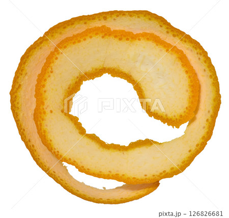 Twisted strip of orange peel on isolated background, top view 126826681