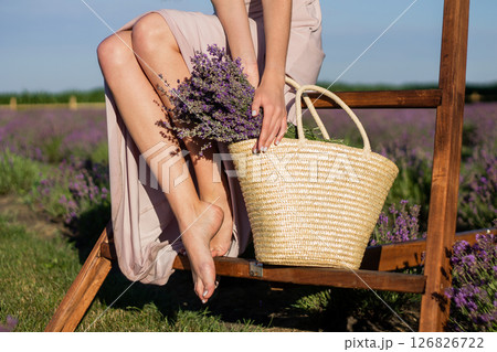 Big bouquet of lavender in woman hands. Woman sitting on ladder on blooming lavender field and keeping flowers. Plant for medicine, cosmetics and harvesting at home. Provence region in France. Big bouquet of lavender in woman hands. Woman sitting on ladder on blooming lavender field and keeping flowers. Plant for medicine, cosmetics and harvesting at home. Provence region in France. 126826722