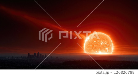 Red Sun Setting Over Night Cityscape Red Sun Setting Over Night Cityscape 126826789