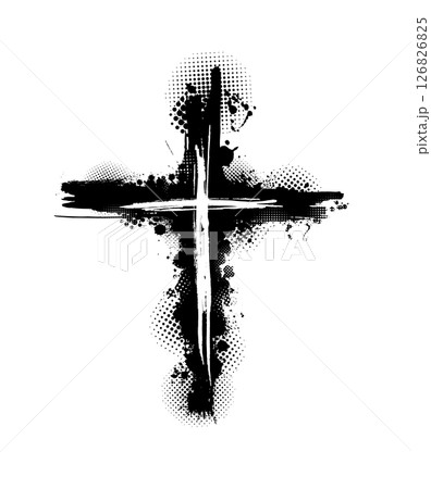 Christian cross vector. Black blotted cross. hand drawn. Not AI, Vector 126826825