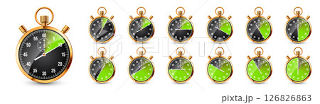 Realistic classic stopwatch. Shiny golden metal chronometer, time counter with dial. Green countdown timer showing minutes and seconds. Time measurement for sport, start, finish. Vector illustration 126826863