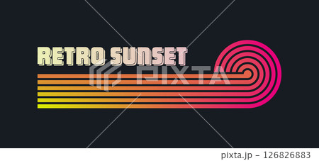 Vintage colorful sunset. Various gradient striped sunrise badges in 80s and 90s style. Sun and ocean view, summer vibes, surfing. Design element for print, logo or t-shirt. Vector illustration Vintage colorful sunset. Various gradient striped sunrise badges in 80s and 90s style. Sun and ocean view, summer vibes, surfing. Design element for print, logo or t-shirt. Vector illustration 126826883
