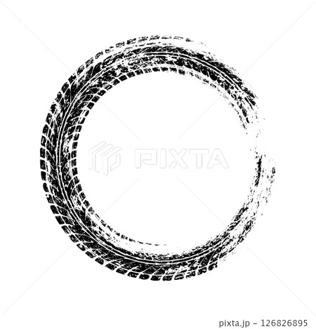Grunge circle tire track, wheel braking mark. Truck, car or motorcycle tread pattern silhouettes. Auto race, motorsport, speed racing design element. Vector illustration 126826895