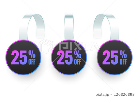 Supermarket promotional wobblers. Realistic white wobbler template for shelf advertising, 25 percent off discount. Sale label with ad text. Special offer price tag. Vector illustration Supermarket promotional wobblers. Realistic white wobbler template for shelf advertising, 25 percent off discount. Sale label with ad text. Special offer price tag. Vector illustration 126826898