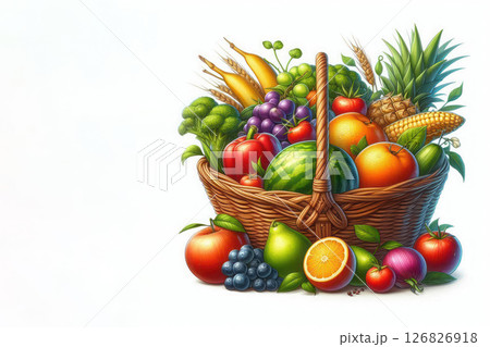 Basket with fruits and vegetables on a light background. Space for text. Basket with fruits and vegetables on a light background. Space for text. 126826918