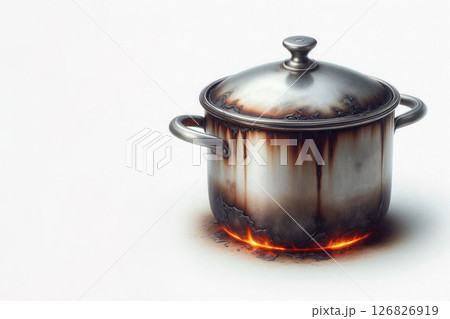 A burnt saucepan on the fire. Space for text. A burnt saucepan on the fire. Space for text. 126826919