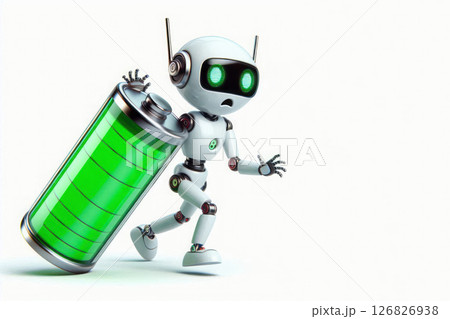 A robot with a giant battery. Space for text. 126826938