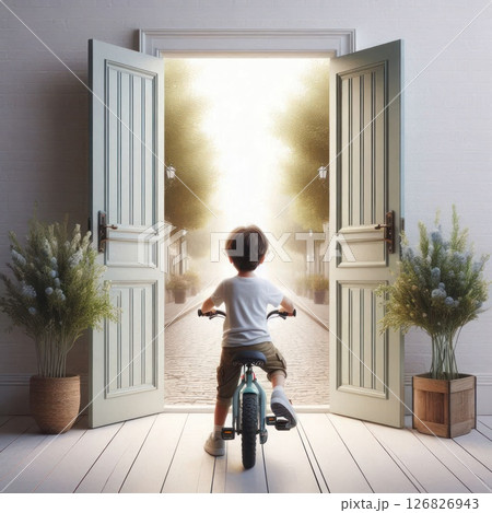A boy rides a bicycle out of the house into a bright street. 126826943