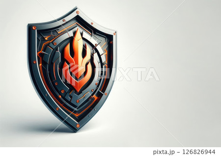 A futuristic shield with a fire symbol on a light background. Space for text. 126826944