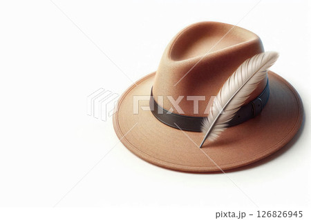 Classic hat with a feather on a light background. Space for text. 126826945