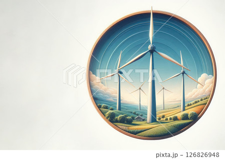 Wind turbines in the landscape, a symbol of clean energy. Space for text. 126826948