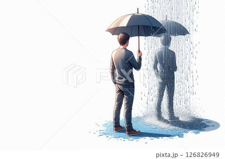 A man under an umbrella looks at the rainy double. Space for text. 126826949