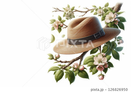 A straw hat on a flowering branch. Space for text. 126826950