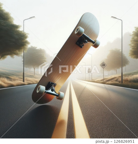 A skateboard hovering over the road at dawn. 126826951