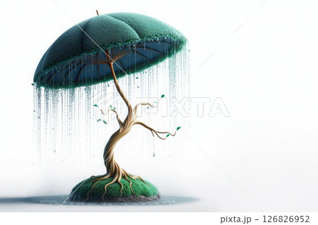 Umbrella tree with drops of water. Space for text. 126826952