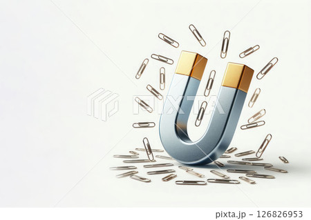 A gray magnet with gold ends and paper clips on the background. Space for text. 126826953