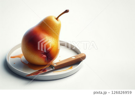 A pear with a cut in the plate begins to rot, symbolizing decay. Space for text. 126826959