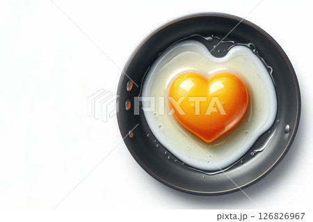 Scrambled eggs with heart-shaped yolk. Space for text. Scrambled eggs with heart-shaped yolk. Space for text. 126826967