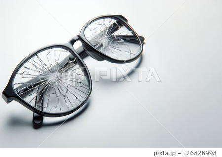 Glasses with broken lenses on a light background. Space for text. Glasses with broken lenses on a light background. Space for text. 126826998