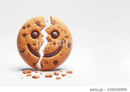 A cookie in the shape of a smiley face broken in half. Space for text. 126826999