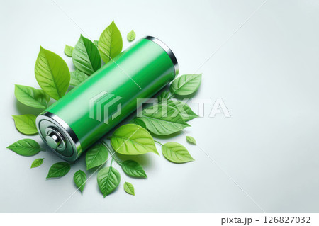 Green battery on leaves. Space for text. Green battery on leaves. Space for text. 126827032