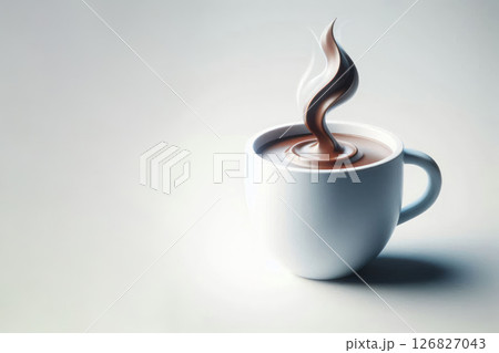 Mug with a curl of hot chocolate on a light background. Space for text. 126827043
