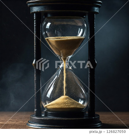 Hourglass on a wooden surface and a dark background. 126827050
