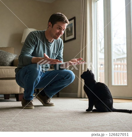Man talking to black cat in living room. 126827051
