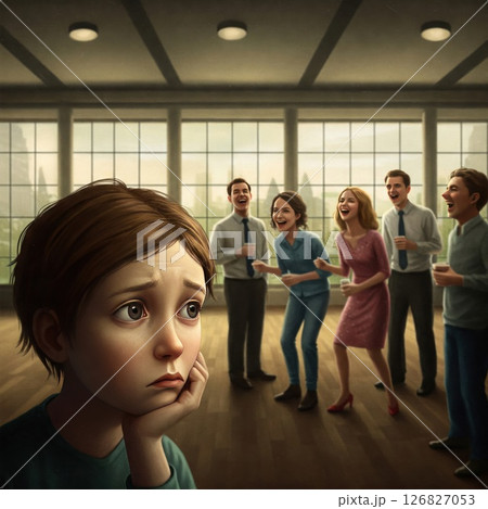 A sad child in a room where adults laugh at him. 126827053